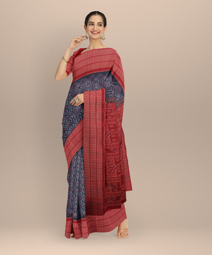 Navy blue maroon wide border cotton handloom sambalpuri saree