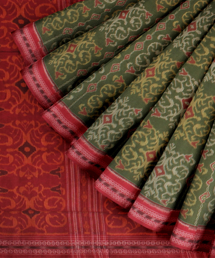 Olive green red cotton handloom sambalpuri saree