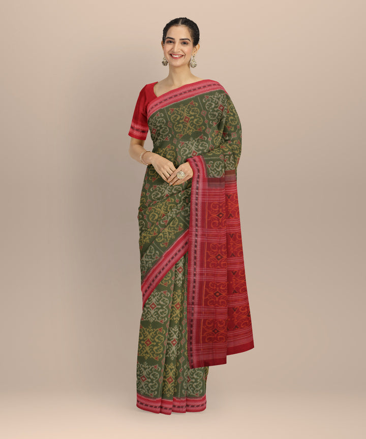 Olive green red cotton handloom sambalpuri saree