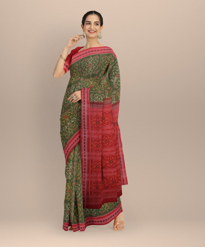 Olive green red cotton handloom sambalpuri saree