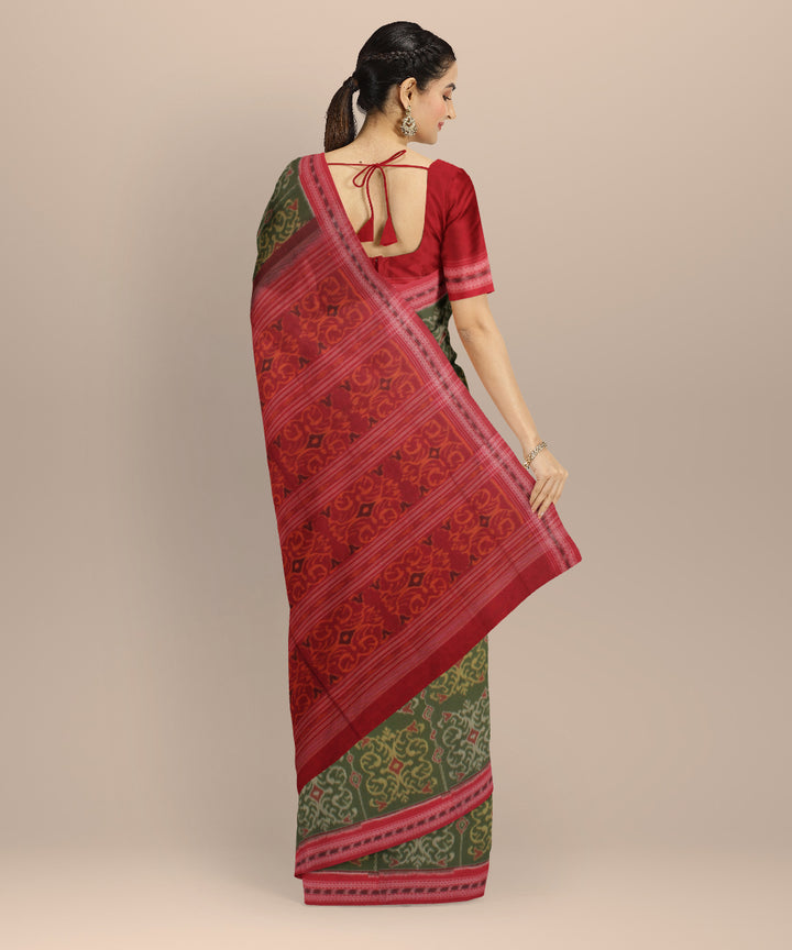 Olive green red cotton handloom sambalpuri saree