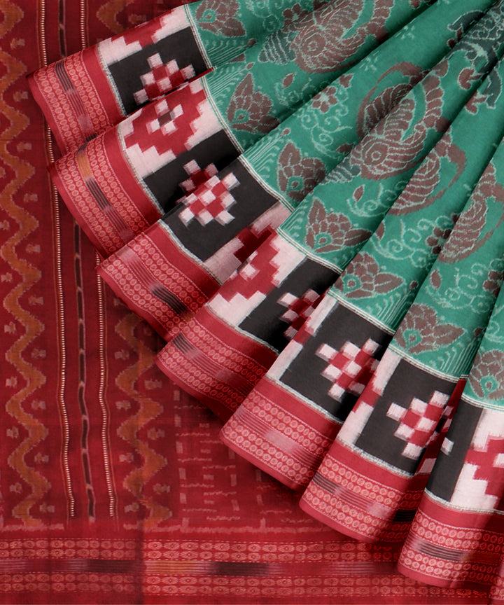 Parrot green red cotton handloom sambalpuri saree