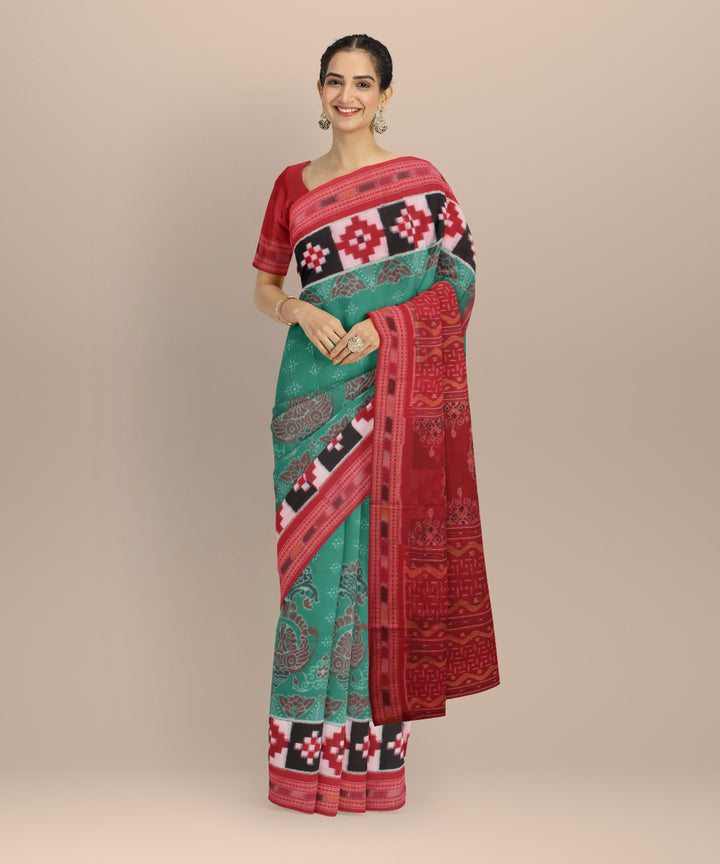 Parrot green red cotton handloom sambalpuri saree