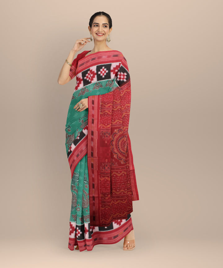 Parrot green red cotton handloom sambalpuri saree