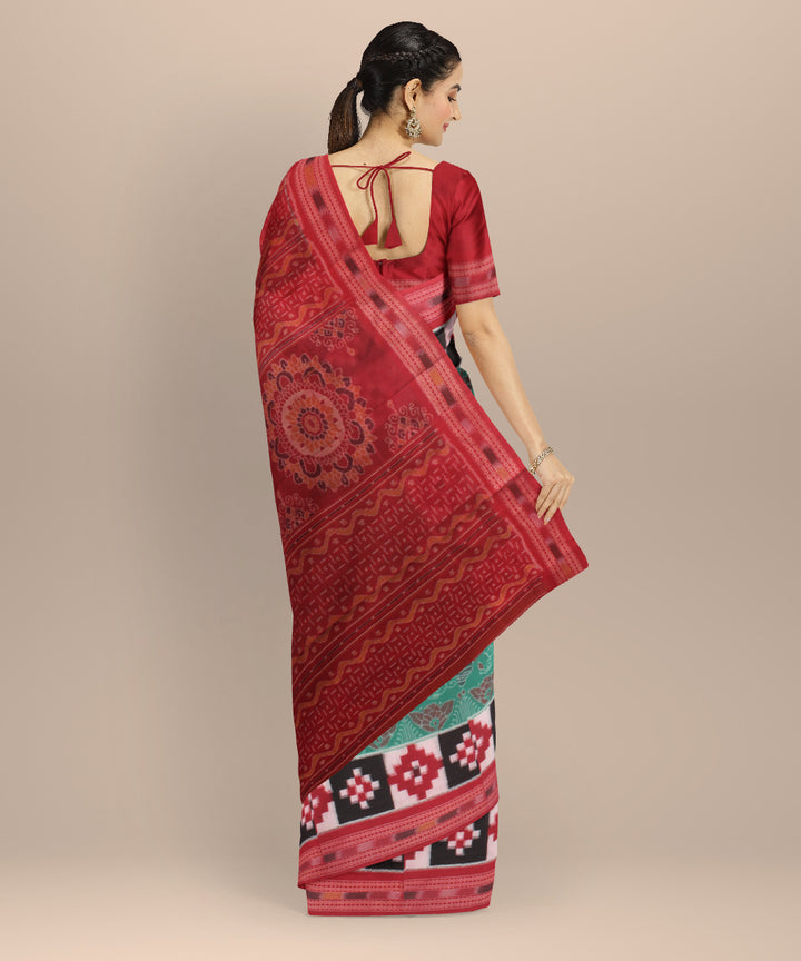 Parrot green red cotton handloom sambalpuri saree