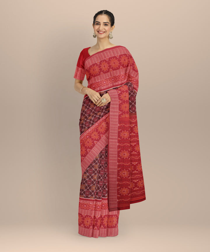 Maroon red wide border cotton handloom sambalpuri saree