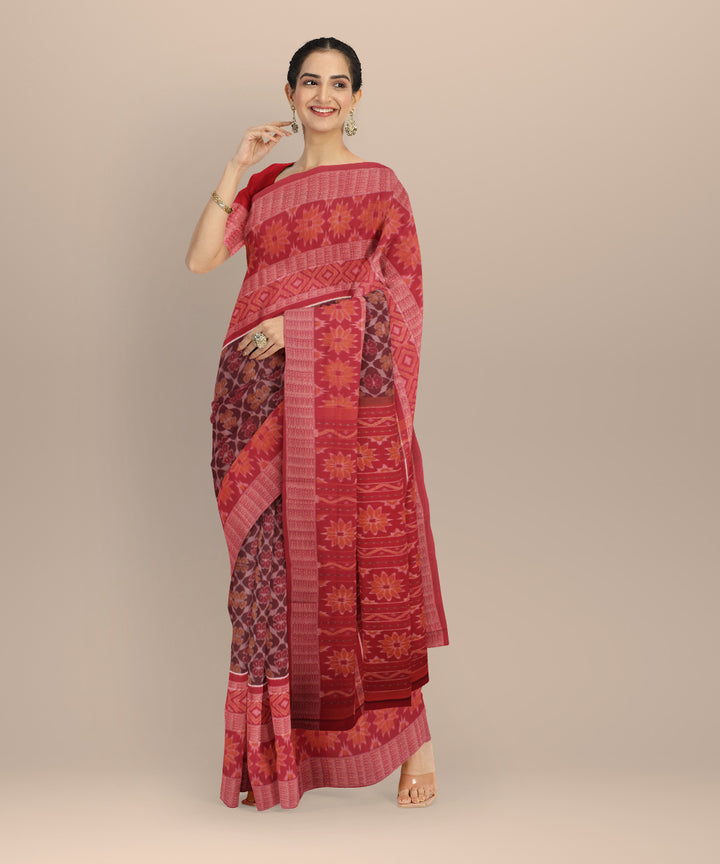Maroon red wide border cotton handloom sambalpuri saree