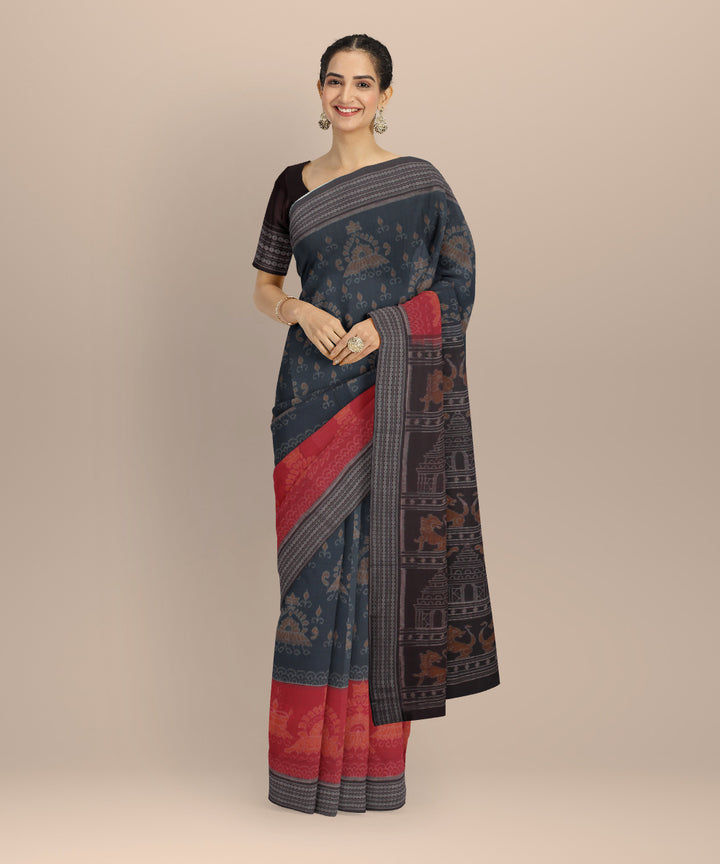 Teal blue coffee cotton handloom sambalpuri saree