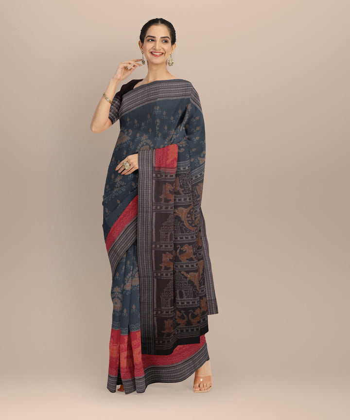Teal blue coffee cotton handloom sambalpuri saree