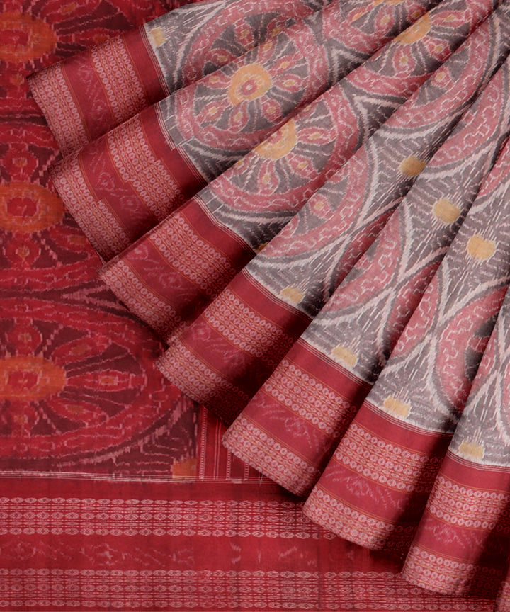 Grey red cotton handloom sambalpuri saree
