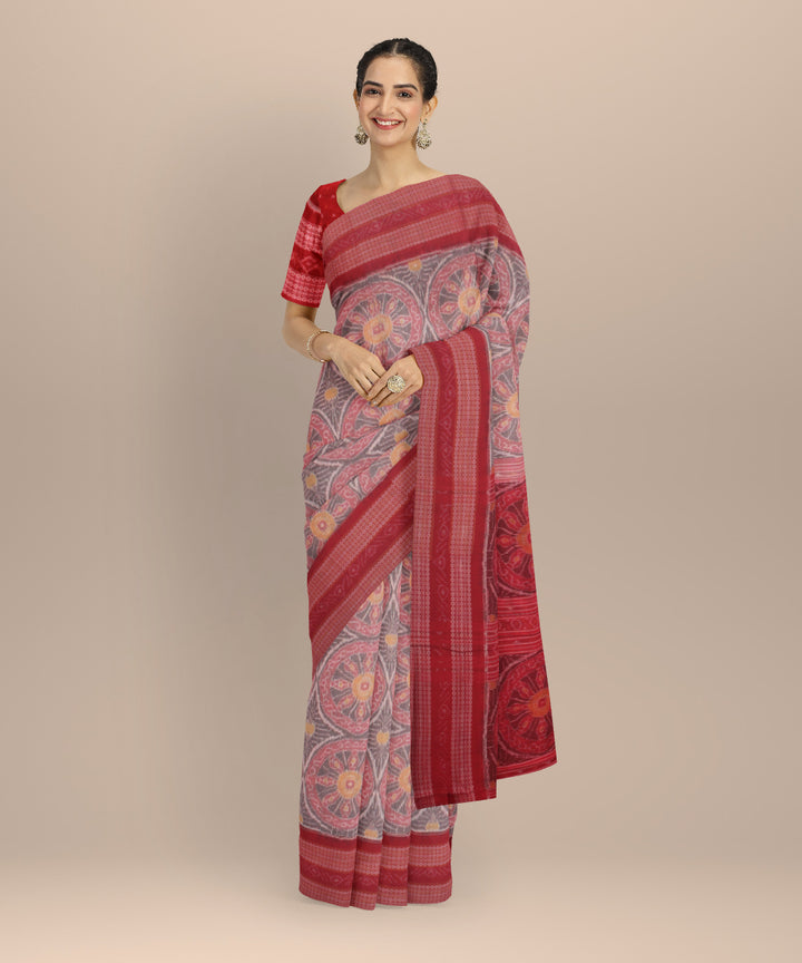 Grey red cotton handloom sambalpuri saree
