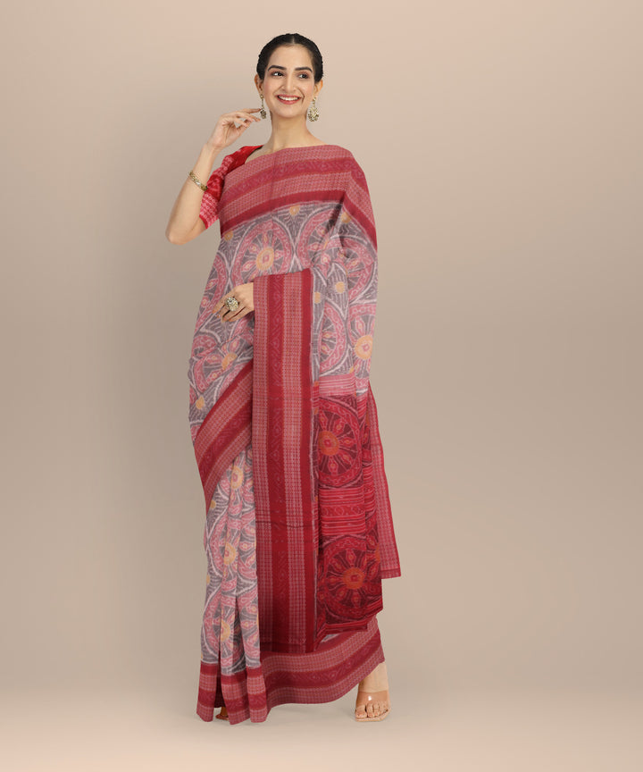 Grey red cotton handloom sambalpuri saree