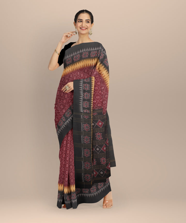 Maroon black cotton handloom sambalpuri saree