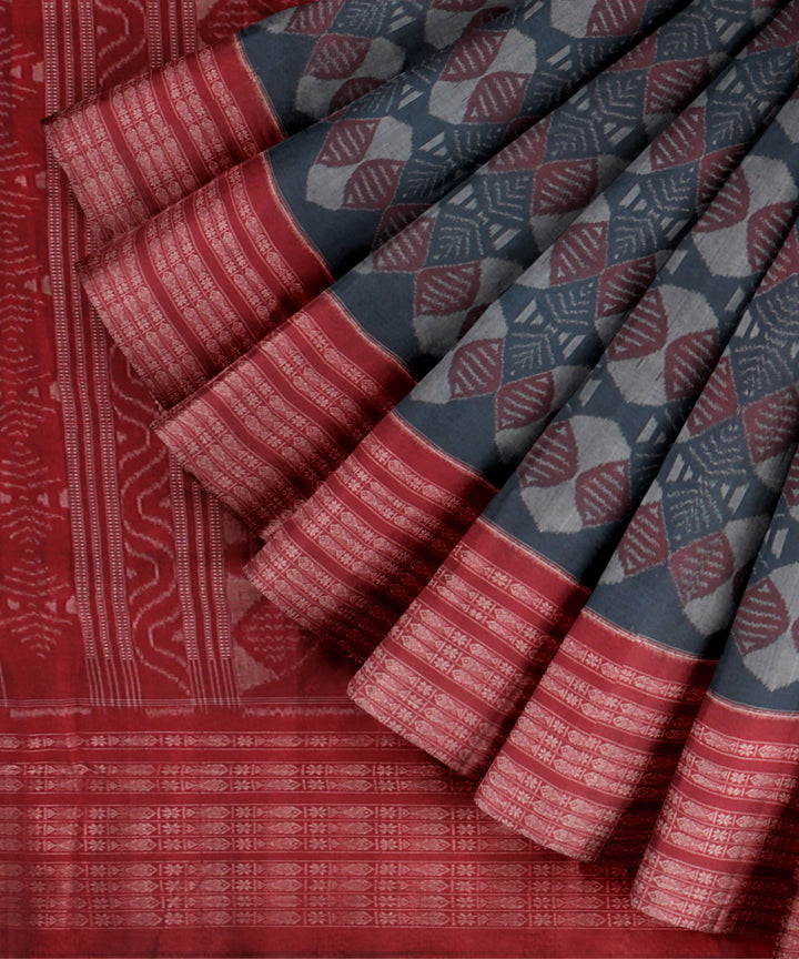 Teal blue red cotton handloom sambalpuri saree