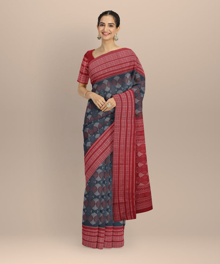 Teal blue red cotton handloom sambalpuri saree