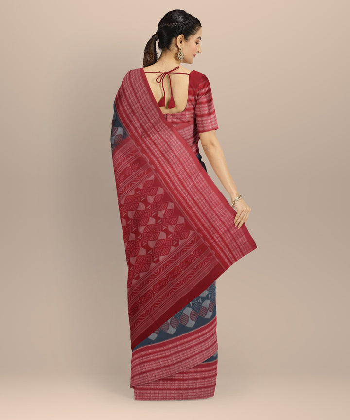 Teal blue red cotton handloom sambalpuri saree
