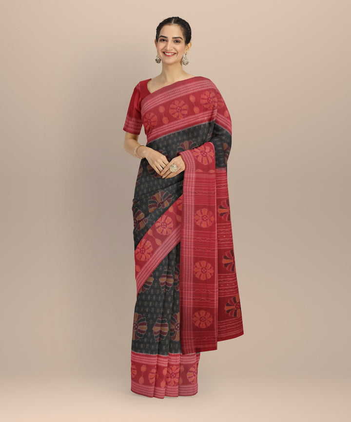 Dark green red cotton handloom sambalpuri saree