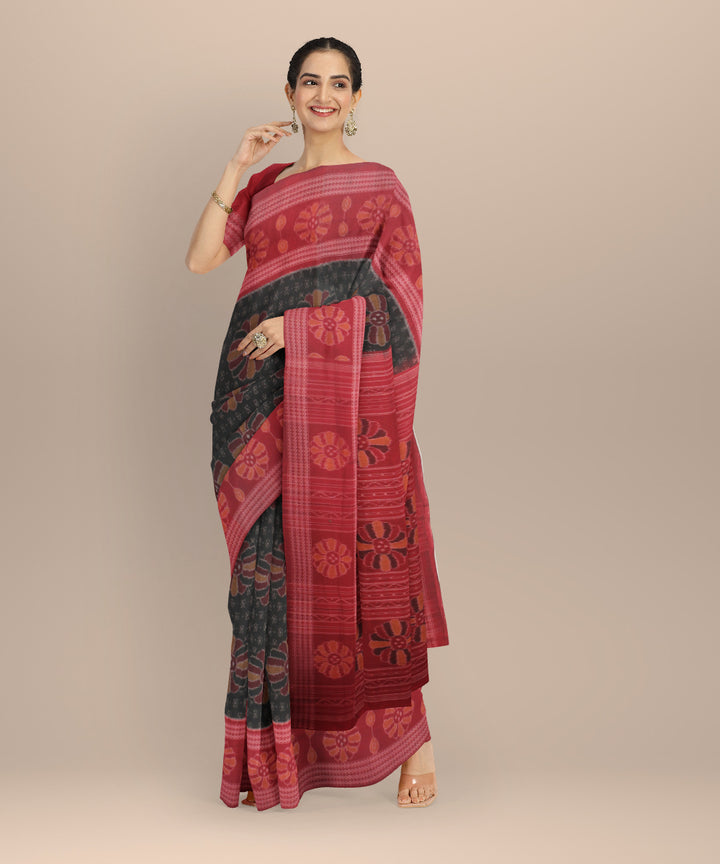 Dark green red cotton handloom sambalpuri saree