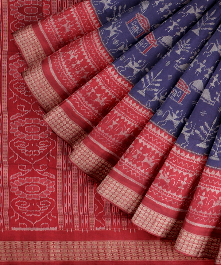 Navy blue red silk handloom sambalpuri saree