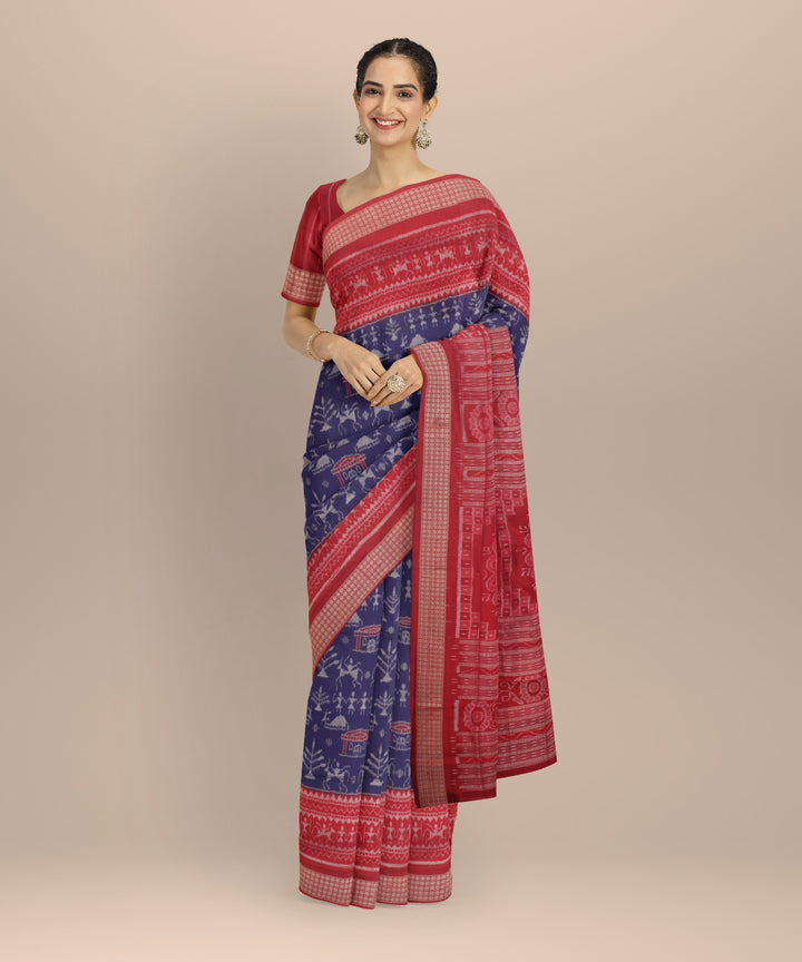Navy blue red silk handloom sambalpuri saree