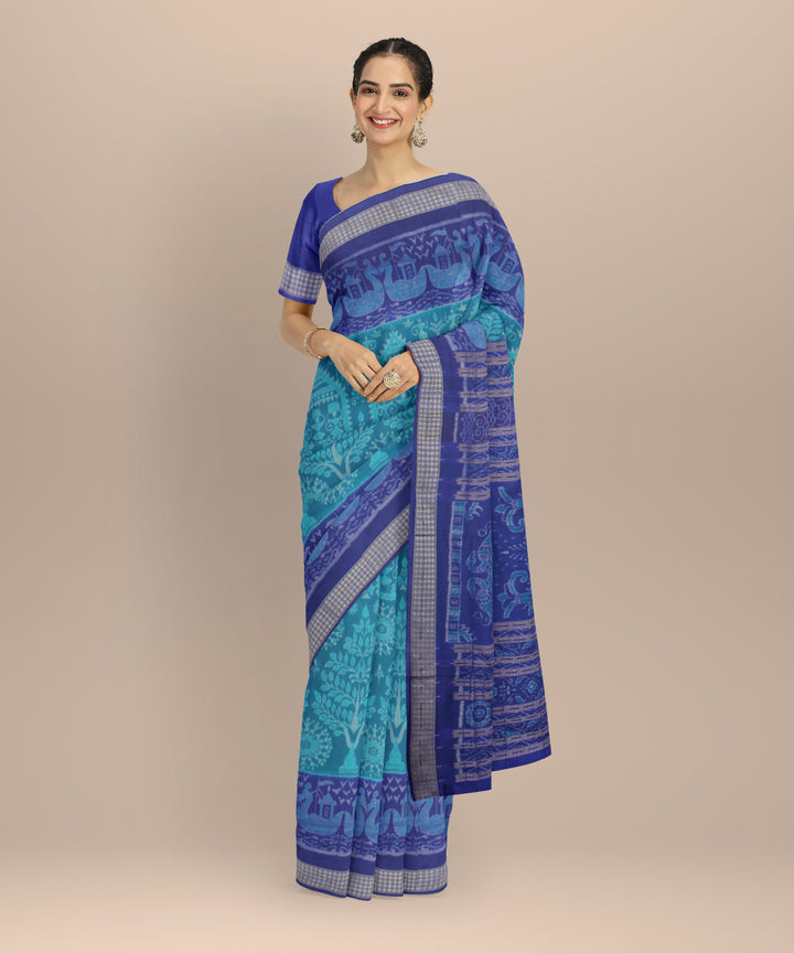 Sky blue navy blue silk handloom sambalpuri saree