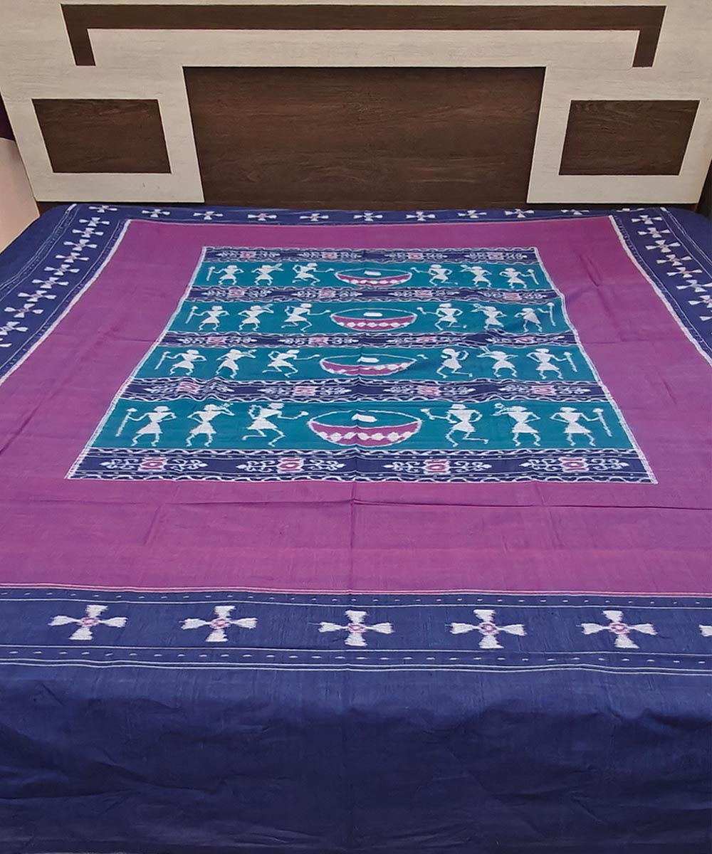 Cyan green blue handwoven sambalpuri cotton bedsheet