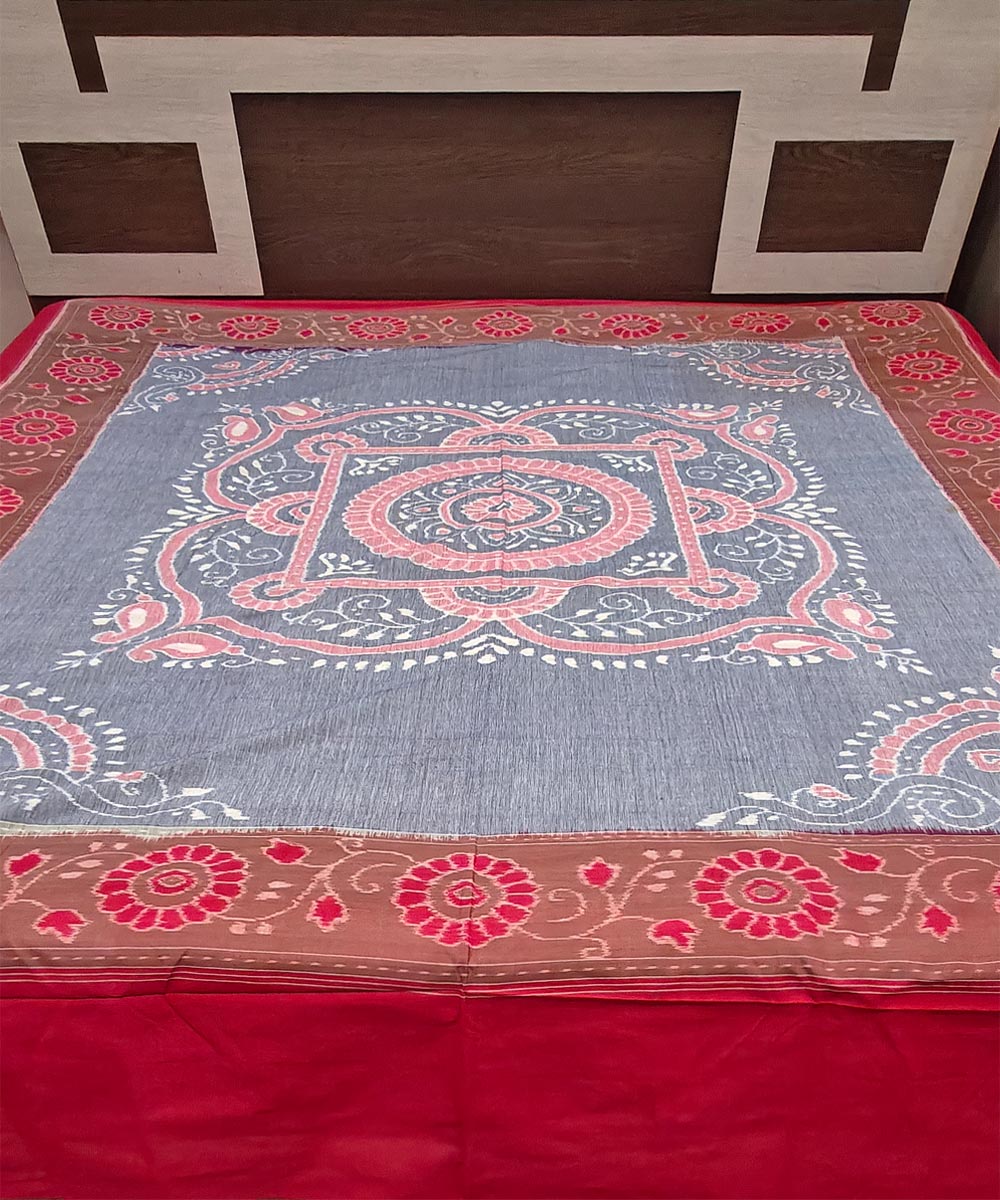 Grey red handwoven sambalpuri cotton bedsheet