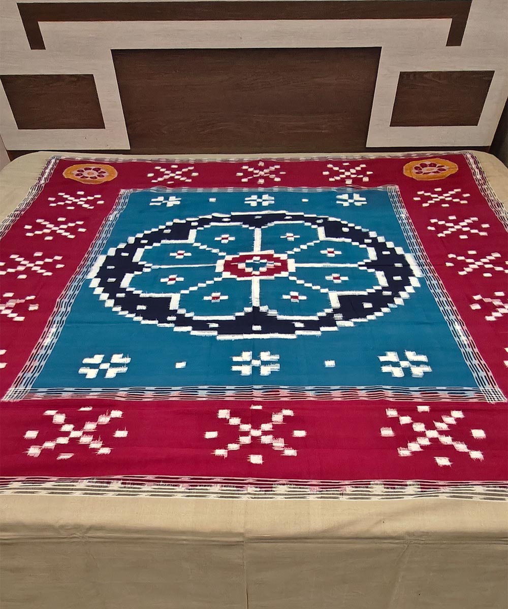 Cyan blue maroon handwoven sambalpuri cotton bedsheet