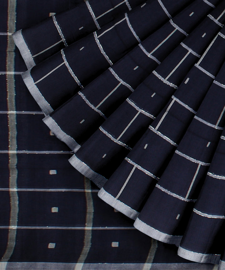 Navy blue grey handwoven cotton jamdani saree