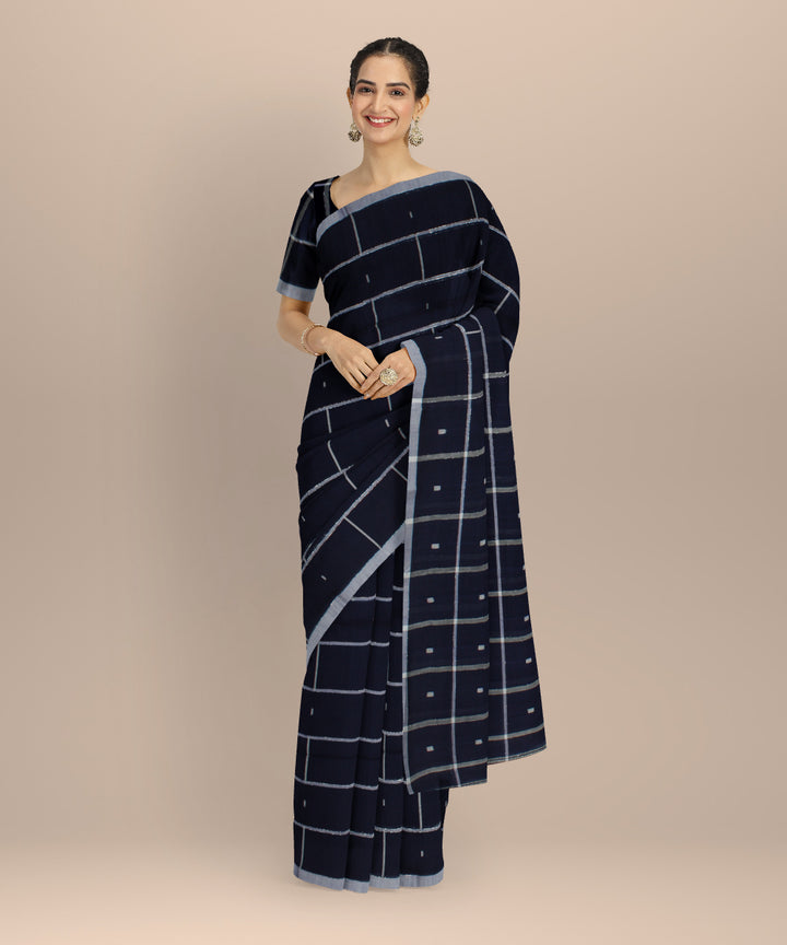 Navy blue grey handwoven cotton jamdani saree