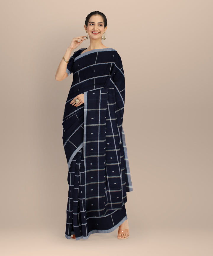 Navy blue grey handwoven cotton jamdani saree