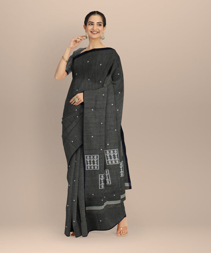 Grey white handwoven cotton jamdani saree