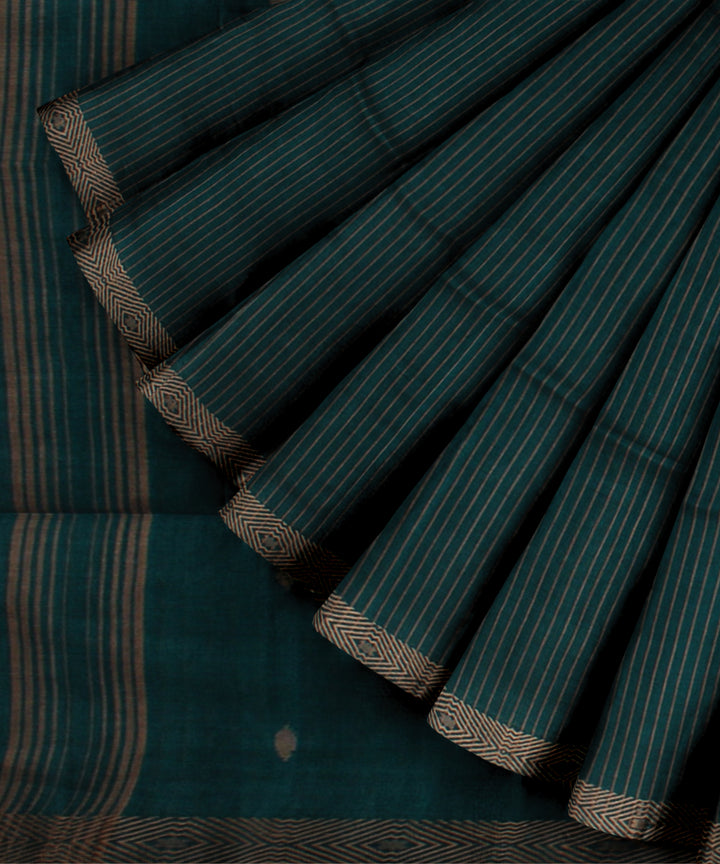 Dark green handwoven striped cotton jamdani saree