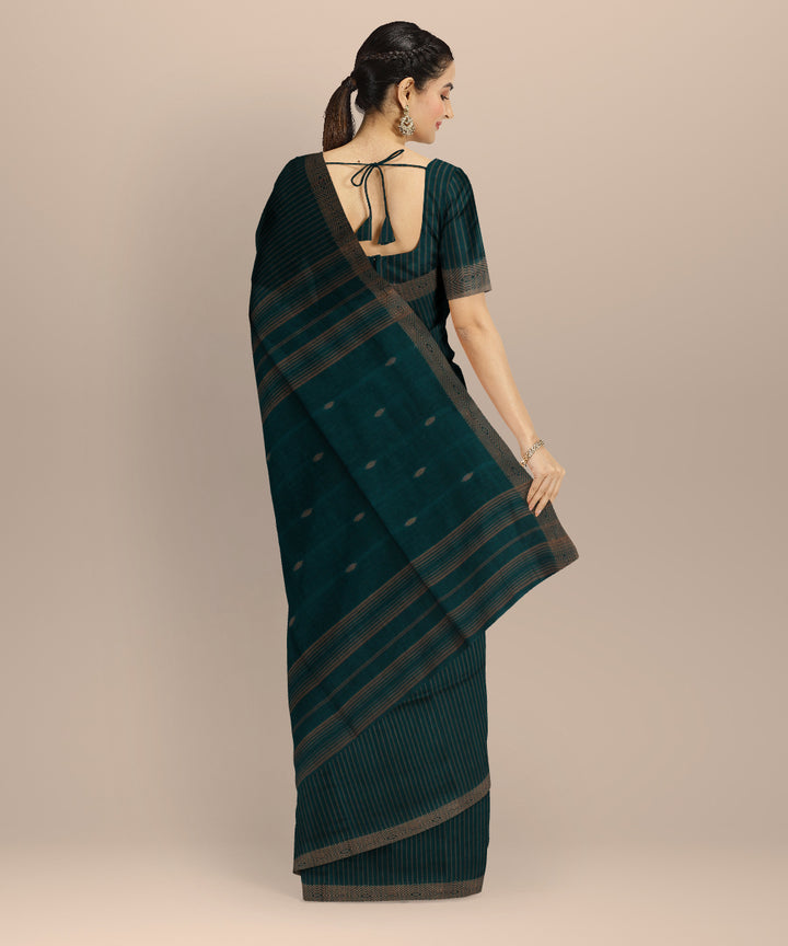 Dark green handwoven striped cotton jamdani saree