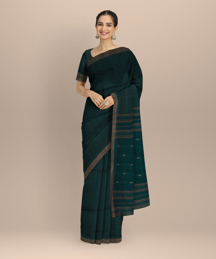 Dark green handwoven striped cotton jamdani saree