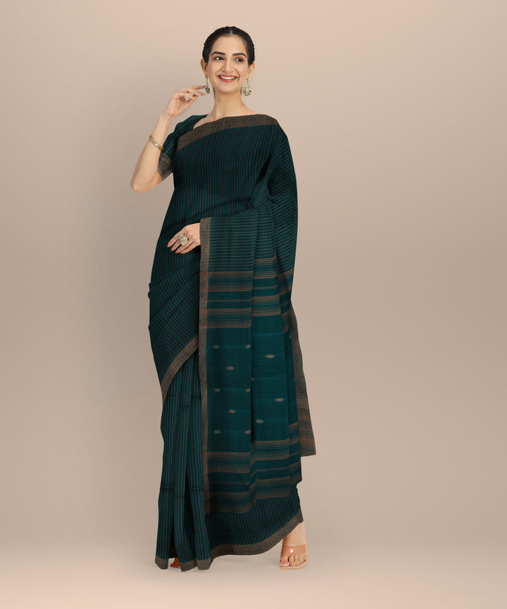 Dark green handwoven striped cotton jamdani saree