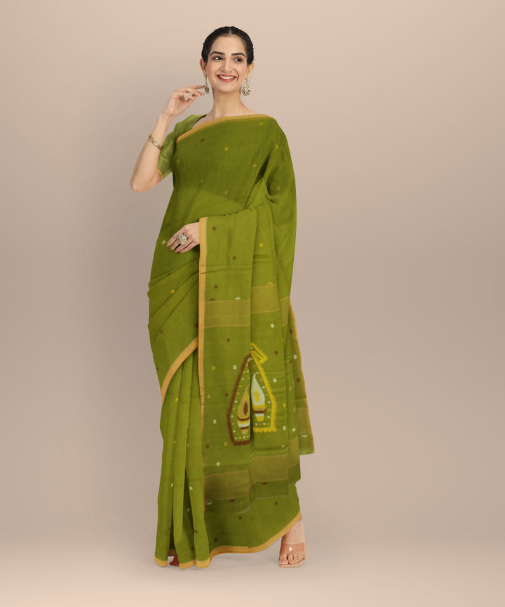Light green multicolor buti handwoven cotton jamdani saree