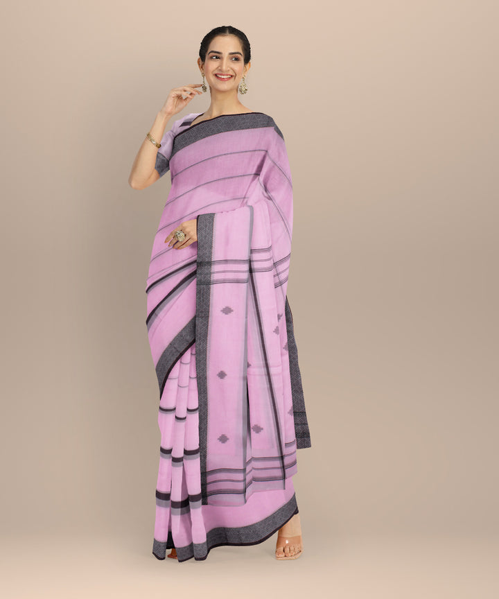 Pink black handwoven cotton jamdani saree