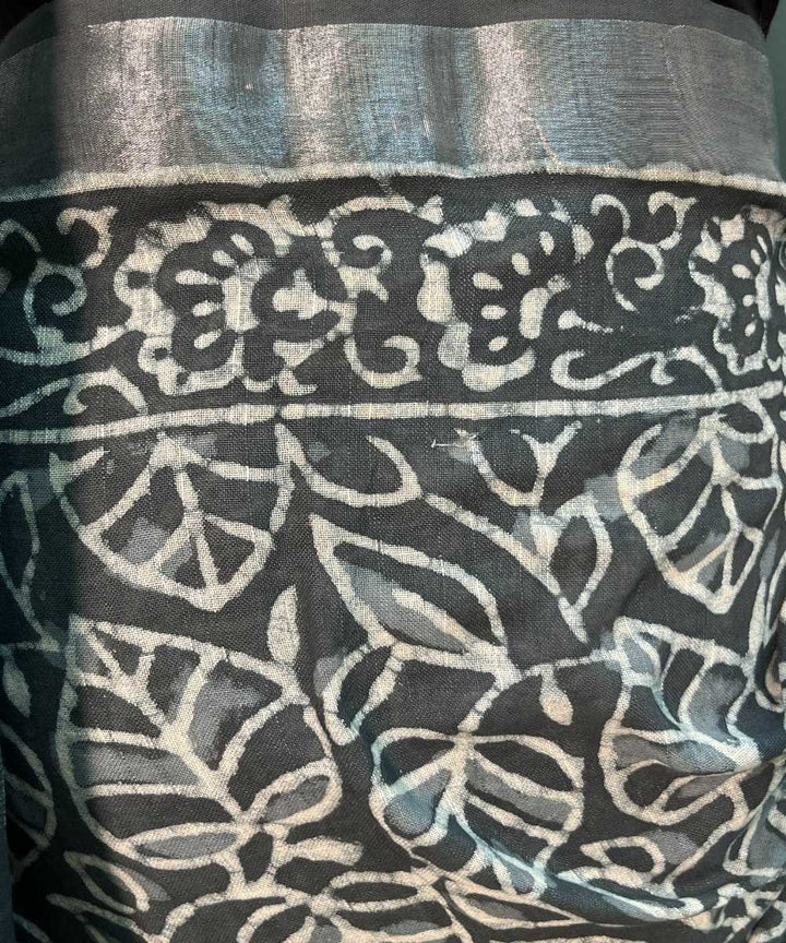 Indigo hand block printed cotton linen saree