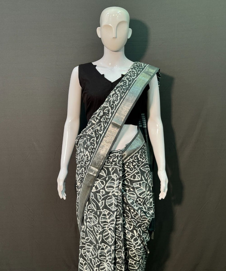 Indigo hand block printed cotton linen saree