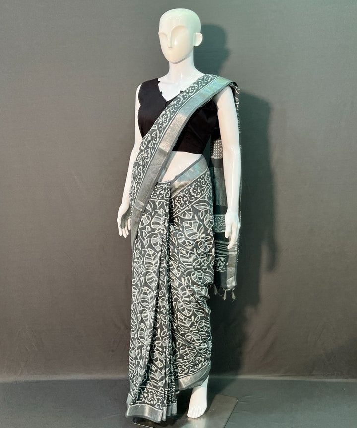 Indigo hand block printed cotton linen saree