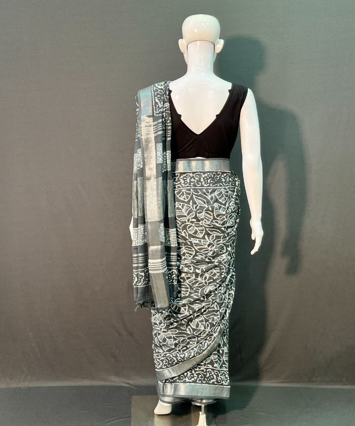 Indigo hand block printed cotton linen saree