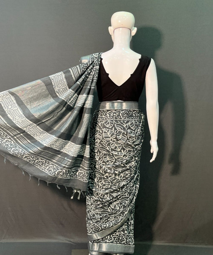 Indigo hand block printed cotton linen saree