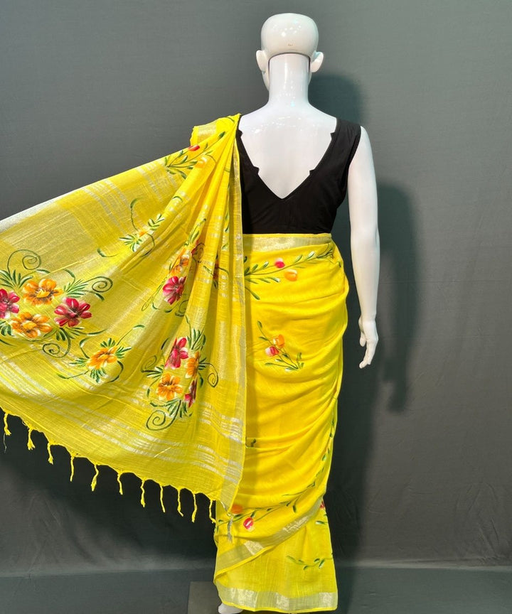 Yellow hand painted cotton linen saree