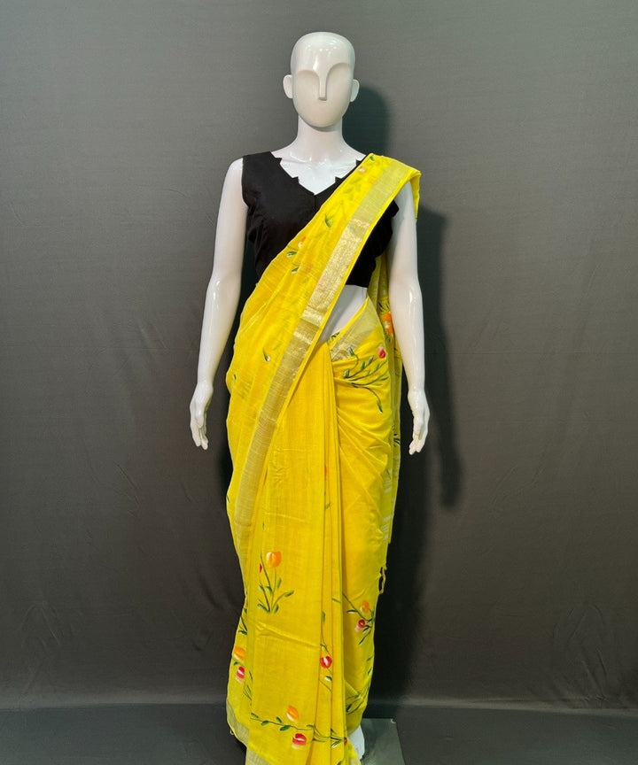 Yellow hand painted cotton linen saree