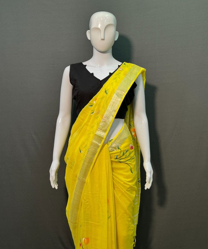 Yellow hand painted cotton linen saree