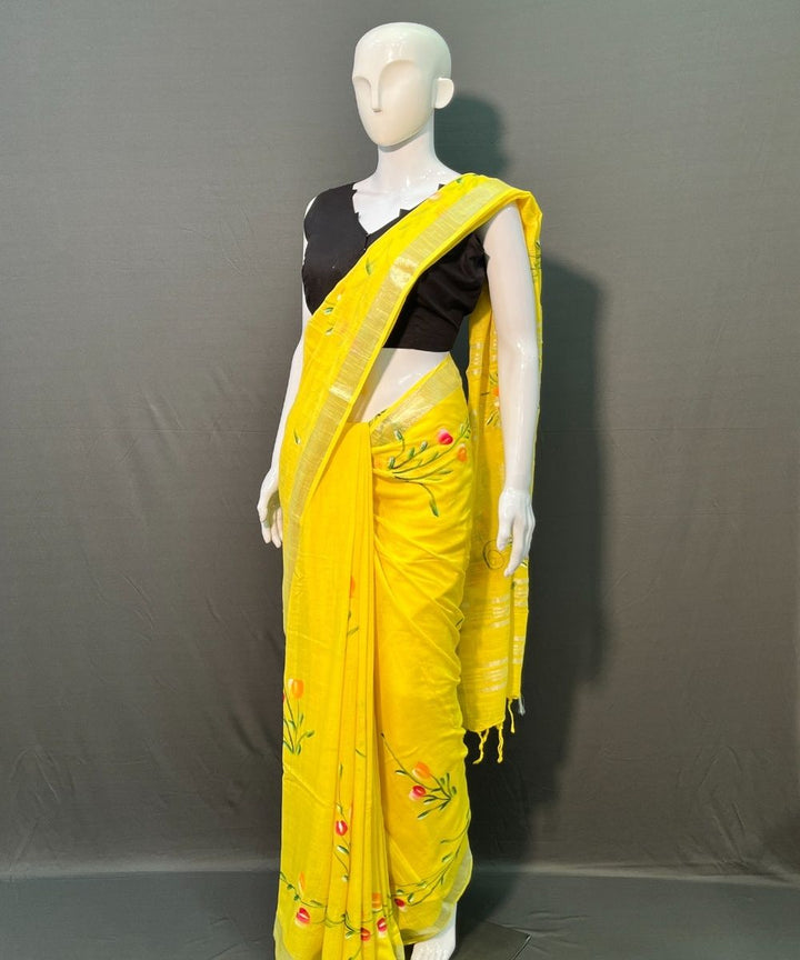 Yellow hand painted cotton linen saree