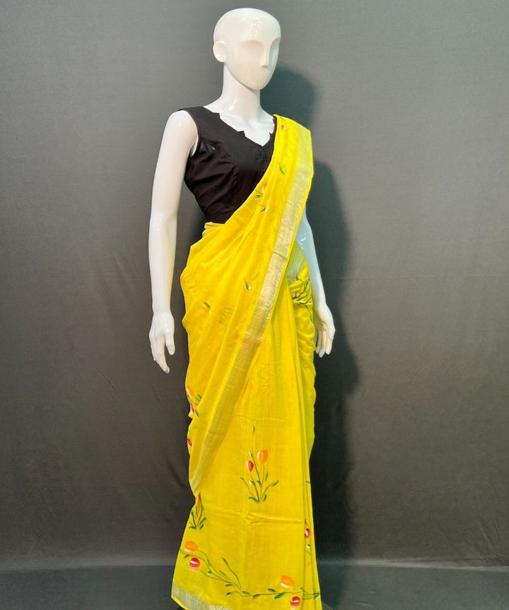 Yellow hand painted cotton linen saree