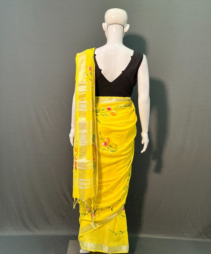 Yellow hand painted cotton linen saree