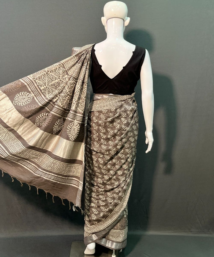 Brown hand block printed linen cotton saree